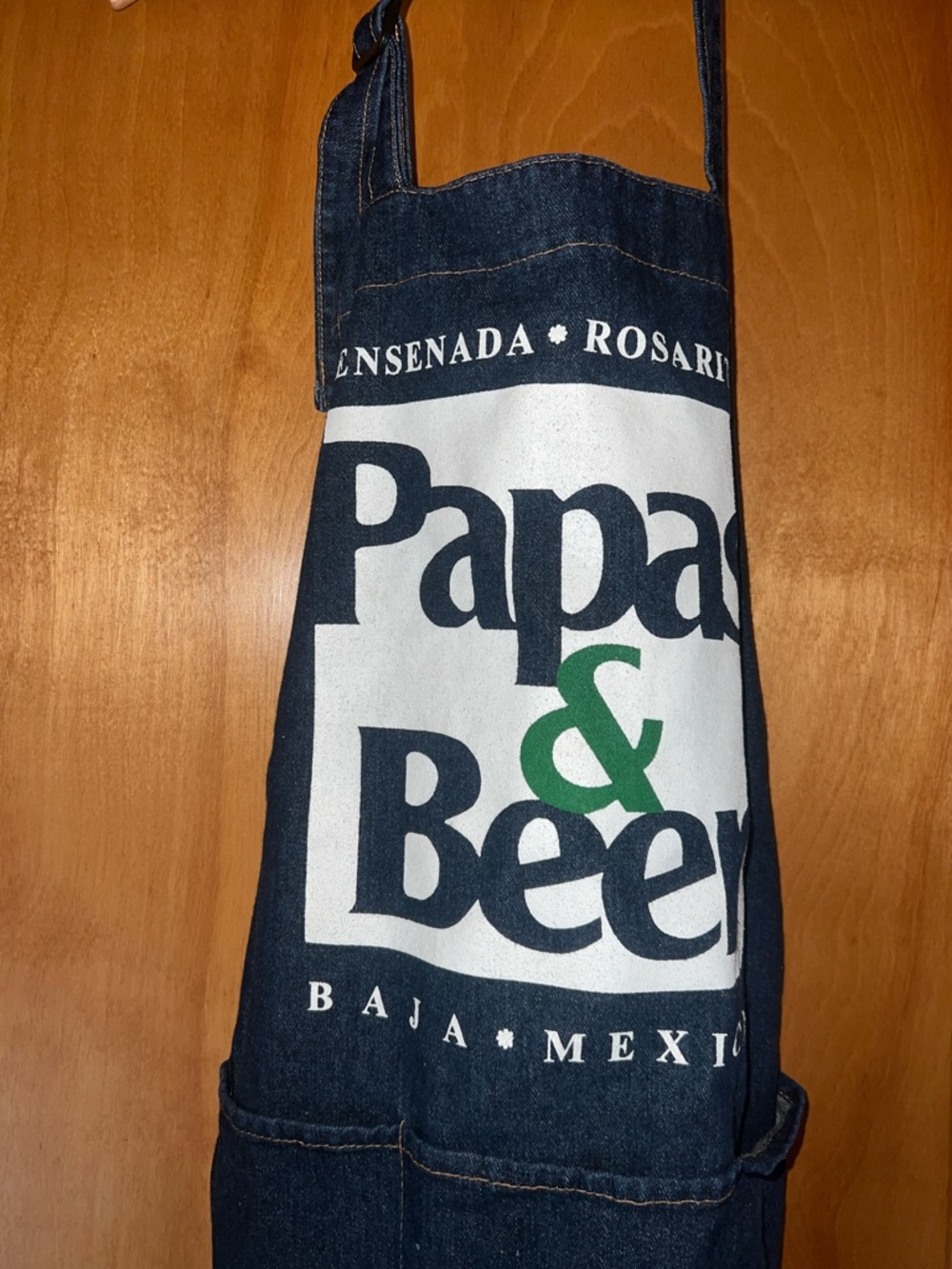 Papas & Beer Denim Apron w/ 3 Front Pockets: ENSENADA * ROSARITO * BAJA * MEXICO